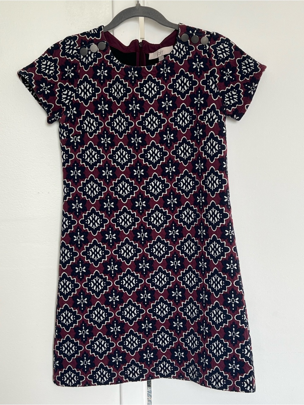LOFT Burgundy and Black Short Sleeve Dress